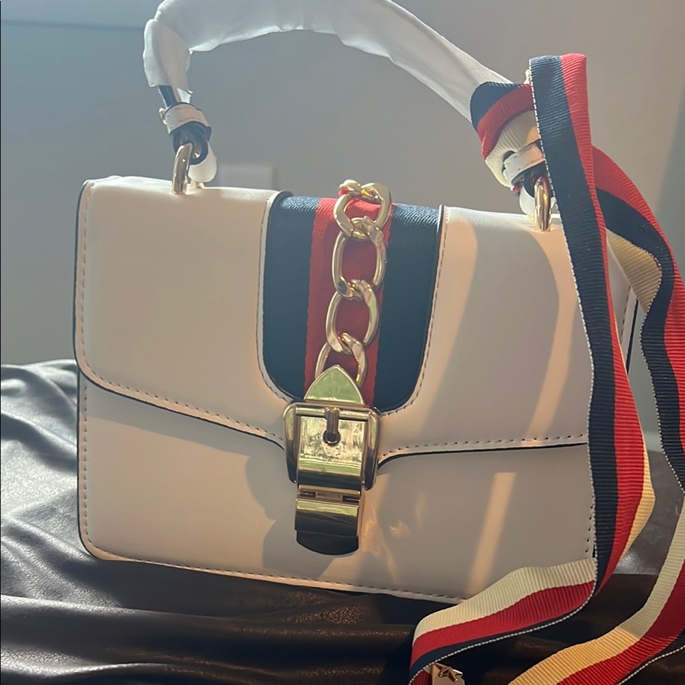 White Women’s Crossbody Bag with Navy and Red Stripe